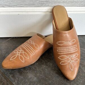 Anthropologie Western Leather Embroidered Mule Slide Flats
